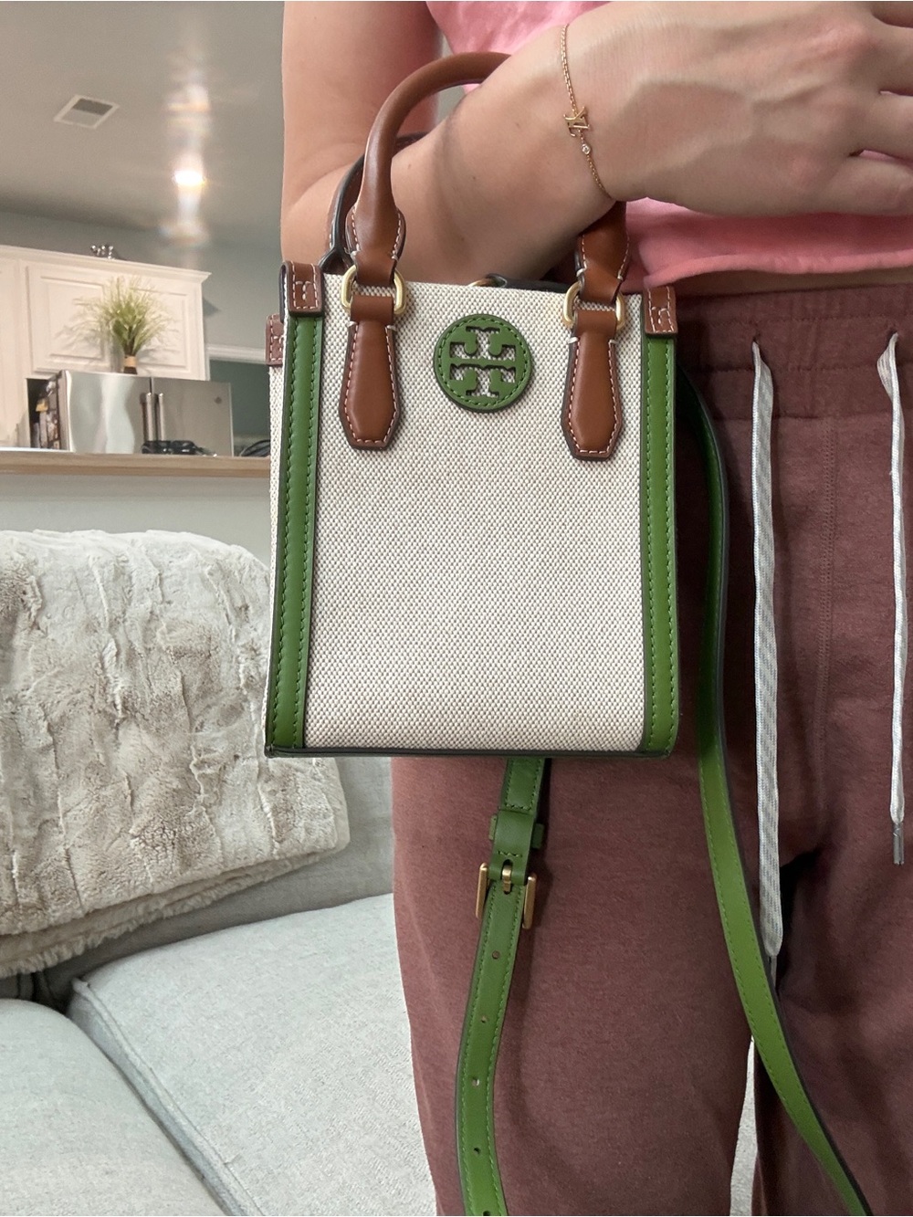 Tory Burch Green, Brown & Cream Canvas Blake Mini Crossbody - Picture 8 of 11